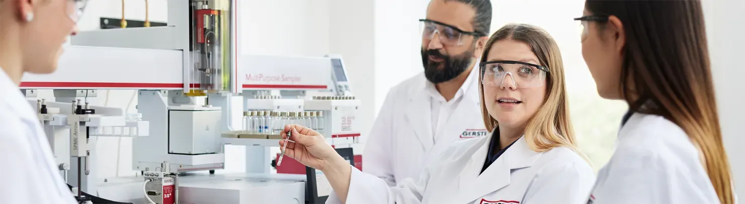 Personen die vor einem PC Bildschirm während eines GERSTEL Workshops stehen